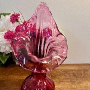 Cranberry Glass Jack In The Pulpit Vase Vintage Swirled Art Glass Pink Ruffle‎